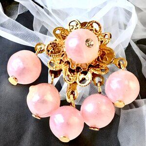 Mid Century Screw Back Earrings Pink Beads Cluster Goldtone Metal Dangling